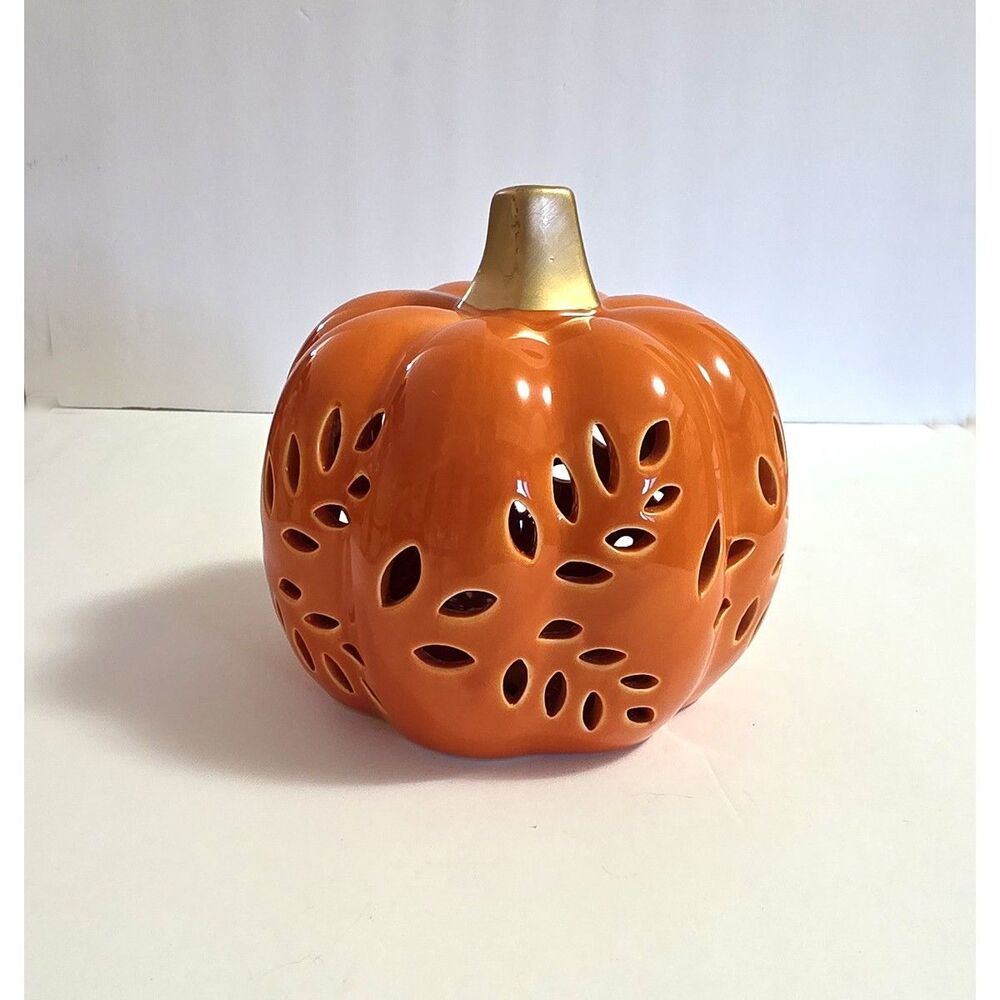 New orange pierced Ceramic Pumpkin Gold stem Fall & Holiday Décor  6"
